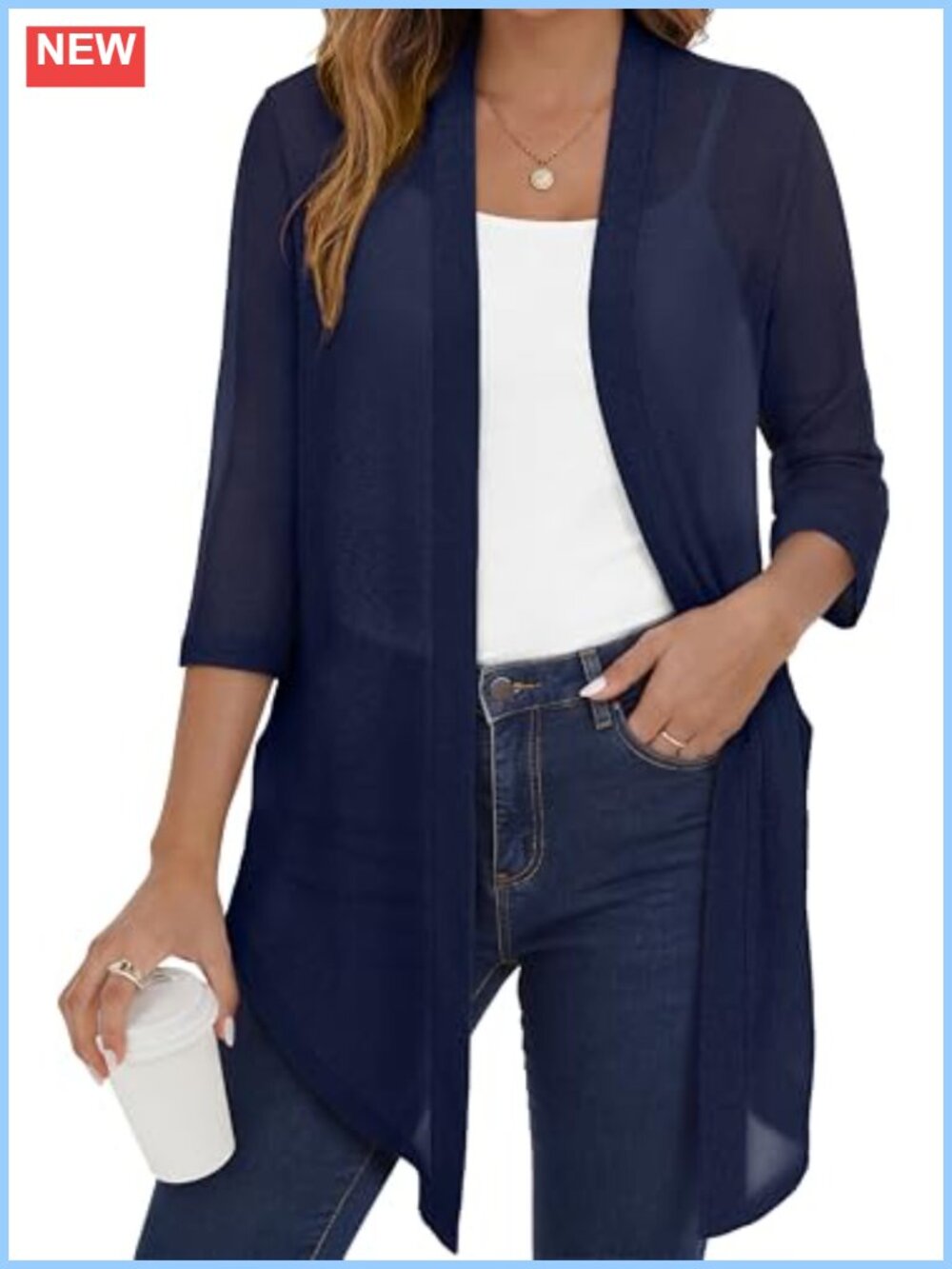 Lightweight 3/4 Sleeve Open Front V-Neck Cardigan with Pockets Casual Cover-Up